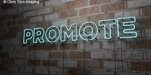 PROMOTE - Glowing Neon Sign on stonework wall - 3D rendered royalty free stock illustration. Can be used for online banner ads and direct mailers..